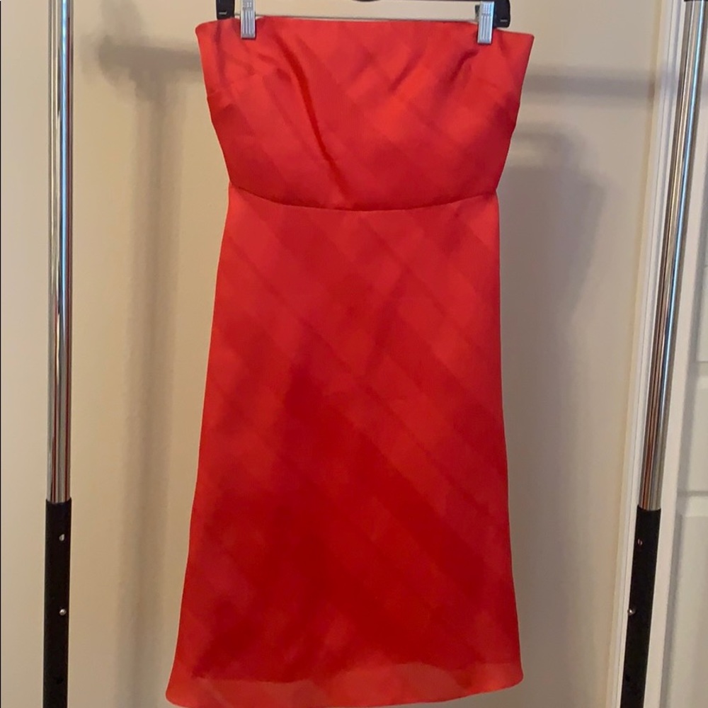 Red strapless Kay Unger midi dress